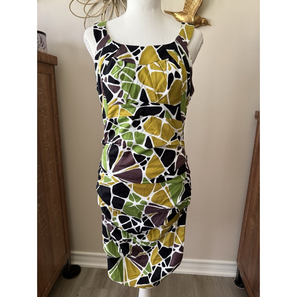 JAX Womens 8 Ruched Sheath Dress Abstract Geometric Print Sleeveless Lined Midi